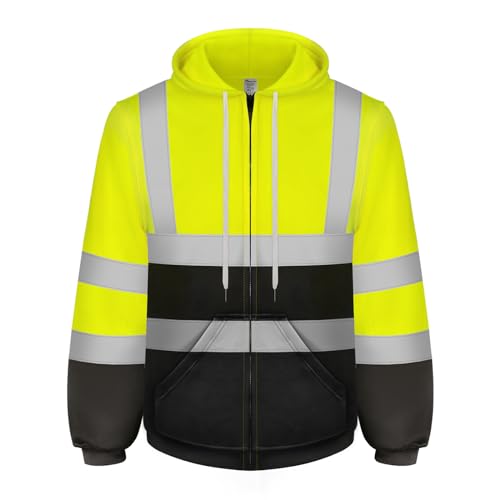 Graunton Warnschutz Pullover Herren Mit Reißverschluss, Warnschutzjacke für Männer und Frauen，Reflektierendes Sweatshirt für Baustelle，Flughafen，Aktivitäten im Freien， Gelb schwarz, L.