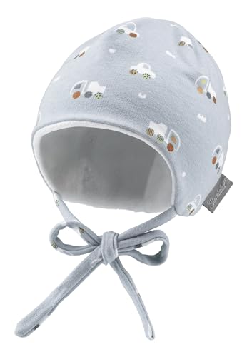 Sterntaler Beanie Bedruckt mit Autos Jungen - Baby und Kinder Mütze mit angeschnittenen Ohrenklappen und Bindeband - gefüttert mit Baumwollfleece- hellblau, 39