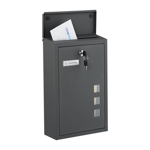 Relaxdays Briefkasten mit Sichtfenstern, HxBxT: 40 x 25 x 11,5 cm, Eisen, 4 Schlüssel, Postkasten Hochformat, anthrazit