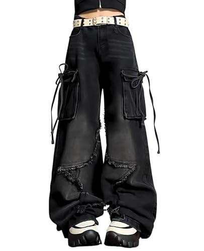 Hugboom Pumphose für Damen und Mädchen, süße Jeans, Y2K-Hose, Sternenmuster, gerades Bein, Streetwear-Kleidung, Schwarz , S