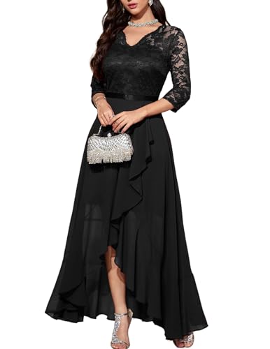 Bbonlinedress Abendkleider Langarm elegant Damen Spitze Chiffon V-Ausschnitt Brautjunferkleid Party Abschlusskleid festliches Ballkleid Black M
