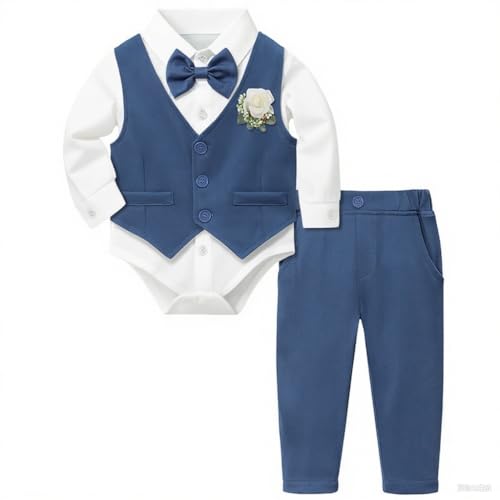Yoolhamy Baby Anzug Junge Kleinkind Gentleman Taufkleid Outfit Kleidung Sets 0-18M Taufanzug Neugeborenes Hochzeit Geburtstag Bodysuit + Hose + Weste + Fliege + Korsage