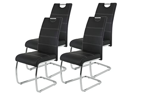 Hela Tische 4er Set Schwingstuhl, Küchenstuhl Flora, Kunstleder Schwarz, Griffmulde, Metallgestell verchromt, 42x57x98 cm