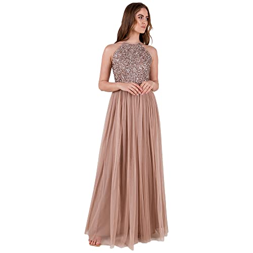Maya Deluxe Damen Abendkleid Pailletten Cocktailkleid Tüllkleid Kleid Nackenband Elegant Für Hochzeit Brautjungfernkleid Bridesmaid Dress, Taupe Blush, 38 EU