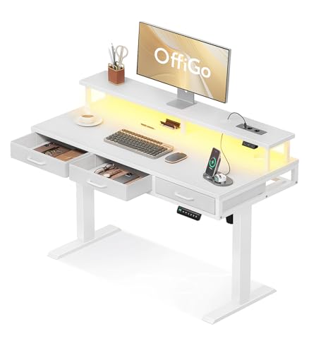 OffiGo Elektrischer Schreibtisch mit Schubladen, 120cm Höhenverstellbarer Schreibtisch mit Monitorständer, Standing Desk mit Steckdosen und Lichtleiste, Tisch Höhenverstellbar Bürotisch, Weiß