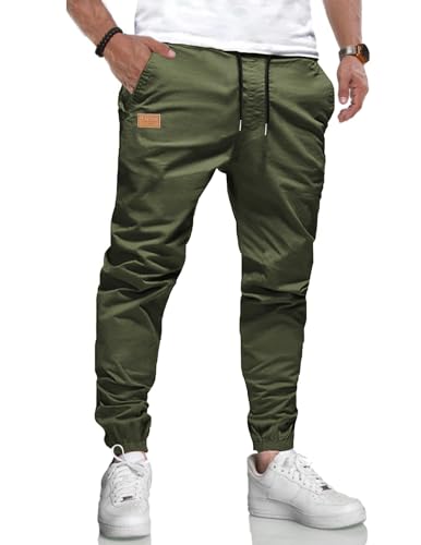 LIUPMWE Herren Hose Chino Cargohose Jogginghose Baumwolle Casual Sporthose Sweatpants Herren mit Taschen Freizeithose Elastische Taille mit Kordelzug,L,Grün