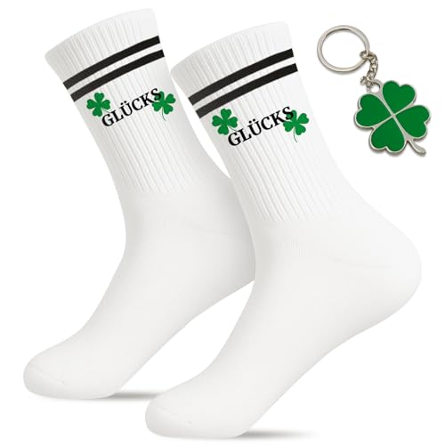 Scinzene Glücksbringer Geschenke Set - GLÜCKS Socken 37-45 und Vierblättriges Kleeblatt Schlüsselanhänger, viel glück geschenke, glücksbringer prüfung, Für Frauen Männer Paare Freunde Familie