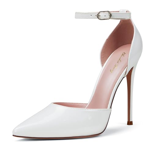 Zhabtuc High Heels, Damen Pumps D'Orsay Knöchelriemen Spitz zulaufender Zehenbereich Stilettos Party Hochzeitsschuhe, Weiß, 39 EU
