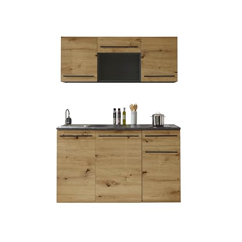 84-240-Y6 Single Küche JAZZ Küchenblock Küchenzeile Schwarz / Artisan Eiche ca. 160 x 212 x 60 cm