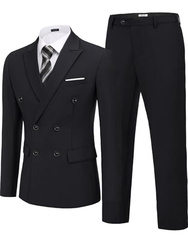 COOFANDY Herren 2-teiliges Set mit zweireihiger Anzughose, schmale Passform, Smokingjacke und Anzughose, Set für Hochzeit, Business, Abschlussball, Schwarz, 58