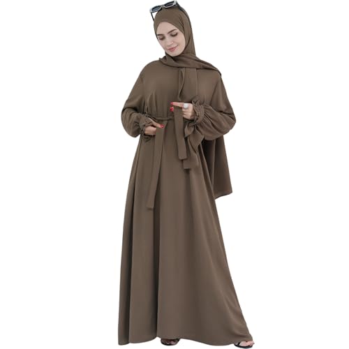 khalat Frauen Muslimische Gebet Abaya Islamisches bescheidenes Kleid mit Hijab-Schal Spitzenärmel Fließendes Abaya-Kleid Braun