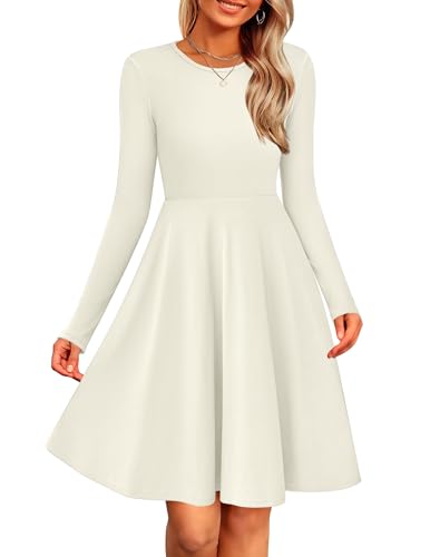 Zeagoo Damen Kleider Langarm A-Linie Rundhals Herbstkleid Elegant Dünn Strickkleid Einfarbig Tunika Kleid Winter Leichte Pulloverkleid Beige M