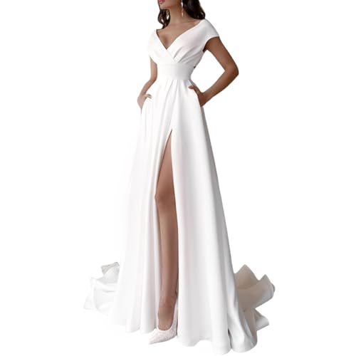 JYIXXZX Damen Elegant Lange Abendkleider Sexy V-Ausschnitt Ballkleider mit Schlitz Rückenfreies Maxikleid Formeller A-Linie Brautkleid Festliche Hochzeit Partykleid Cocktailkleid Brautjunferkleid