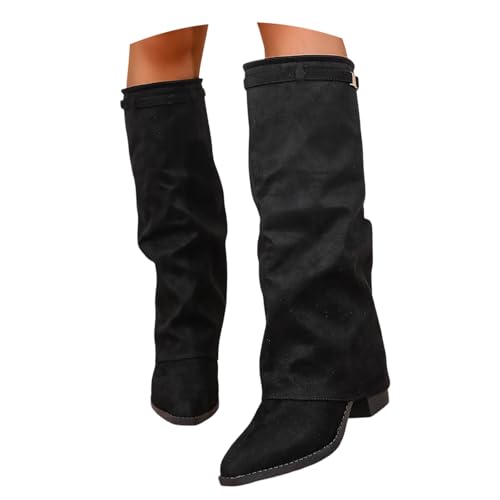 Generisch Stiefel Damen mit Absatz braun beige flach, Mit Schnallenverschluss Elegante Spitzer Zehenpartie Langschaft Weitschaftstiefel Warme Einfarbig Lederstiefel Halbstiefel Schwarz 37/EU