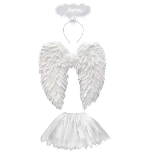 Sunshine smile Engelsflügel Weiß,Engel Kostüm Damen mit Heiligenschein,Engel Flügel,Kostüm Engel,Weiße Flügel Mädchen,Engelsflügel Deko,Federflügel Engel,Engels Flügel Kostüm