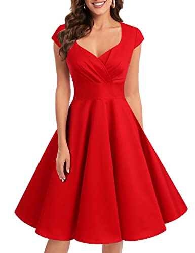 bbonlinedress 1950er Vintage Retro Cocktailkleid Rockabilly V-Ausschnitt Faltenrock Red M