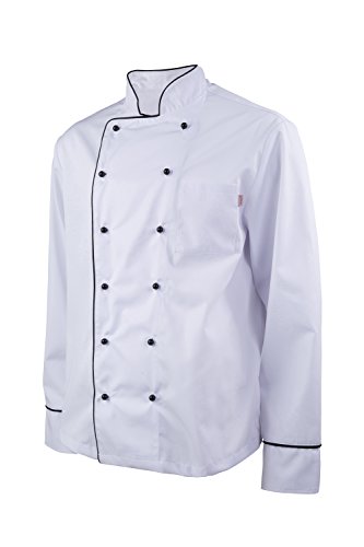 Clinotest Kochjacke langarm in weiß mit verschiedenen farbigen Paspelierungen und farbigen Kugelknöpfen (DE/NL/SE/PL, Alphanumerisch, L, Regular, Regular, weiß/schwarz)