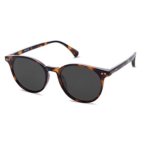 SOJOS Polarisiert Runde Sonnenbrille Damen Herren Retro Vintage UV400 Schutz Runde Kleine für Schmales Gesicht MAY SJ2113 mit Braune Schildkröte Rahmen / Graue Linse