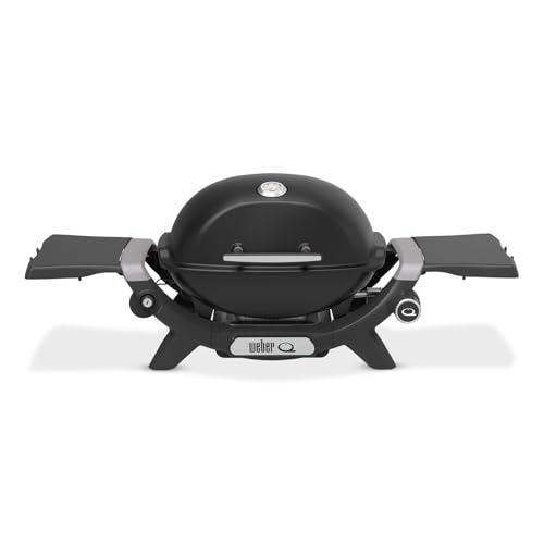Weber Q 1200N Gasgrill mit Seitentischen/Leichter Grill für Camping, Terrassen & Balkone mit Hochleistungsbrenner, porzellanemaillierten Gussrosten & elektronischer Zündung, Mitternachtsschwarz