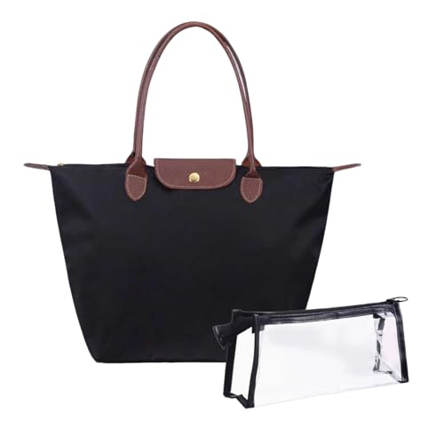 1 Umhängetasche + 1 Kosmetiktasche Groß, Damen Taschen Set, Faltbare Handtasche Schule, wasserdichte Schultertasche, Reisetasche Shopper für Alltag & Büro (Schwarz)