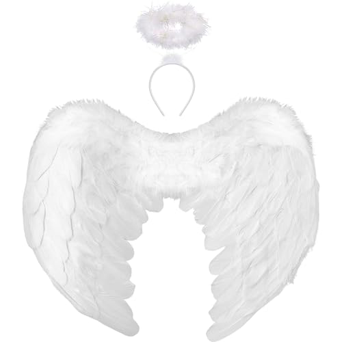 Winwild Engelsflügel Weiß mit Heiligenschein Liebe Engel Flügel Kinder Engel Kostüm Feder Flügel Dunkler Engel Kostüm Kinder Halloween Karneval Cosplay Accessoires(45CM×35CM)
