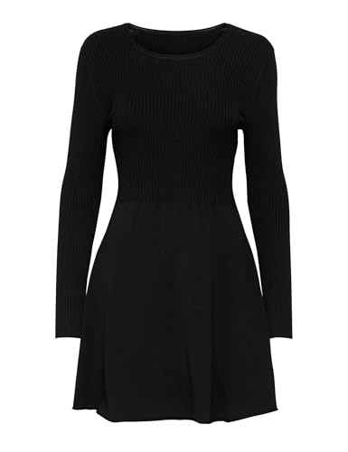 ONLY Mini Skaterkleid Langarm RIPP Strick Dress Ausgestellt mit Rundhals Kurz Regular Fit ONLALMA, Farben:Schwarz-2,Größe Damen:XL