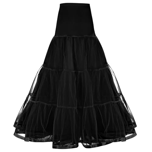 AYBUY Vintage Langer Petticoat, 1950er Damen Tüll Ballettrock, Geeignet für Halloween, Karneval, Rockparty, Retro-Abschlussball, Hochzeit, Schwarz(XL)