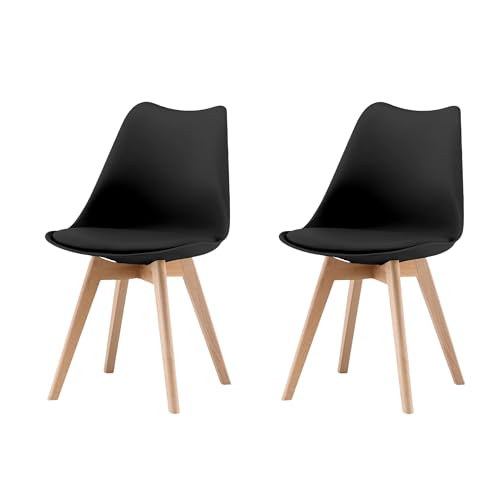 Garvis Esszimmerstühle 2er Set mit Massivholz Beinen Sitzpolster aus Kunstleder Gepolsterter Stuhl Küchenstuhl Holz für Schlafzimmer, Wohnzimmer (Schwarz)