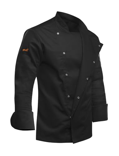 strongAnt Kochjacke Herren Slim Fit Stretch BW mit Druckknöpfen, Kochkleidung, Bäckerjacke - Langarm - Schwarz, XL