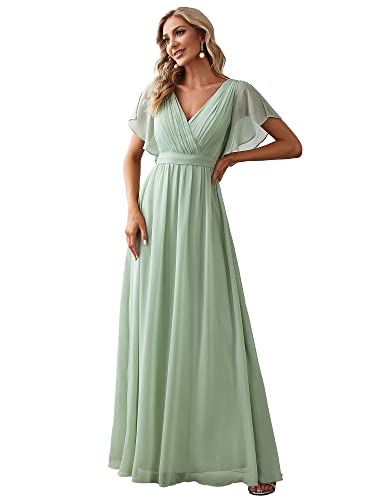 Ever-Pretty Damen Cocktailkleider Gürtel Lang A-Linie Empire Kurze Ärmel V-Ausschnitt Chiffon Minzgrün 44EU