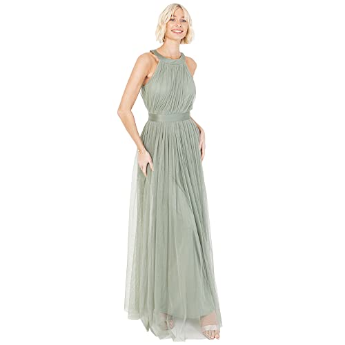 Anaya with Love Damen Ladies Maxi Dress Women Halter Neck Long Sleeveless with Belt A Line Evening Gown Ball Prom Wedding Guest Bridesmaid Kleid, Forest Green, 40