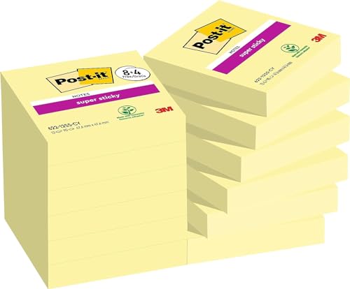 Post-it Super Sticky Notes, Packung mit 12 Blöcken, 90 Blatt pro Block, 47,6 mm x 47,6 mm, Farbe: Gelb - Extra-stark klebende Notizzettel für Notizen, To-Do-Listen und Erinnerungen