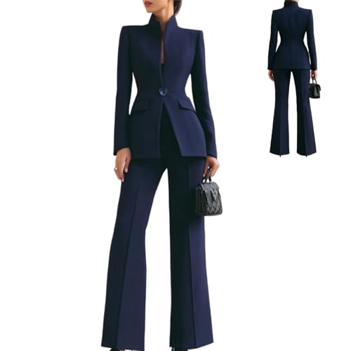 Damen Business-Anzüge Eleganter Hochkragen-Blazer Weites Bein Hosen Set Business-Casual-Outfits Professionelle Büro-Arbeits-Sets, marineblau, M