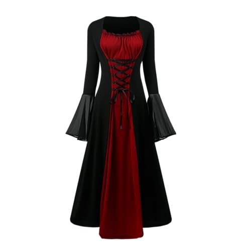 YRTBGD Renaissance Kostüm Frauen Mittelalterliches Kleid mit Trompetenärmel Gothic Kleid Damen Mittelalter Kleidung Damen für Halloween Karneval (Schwarze Rote, L)