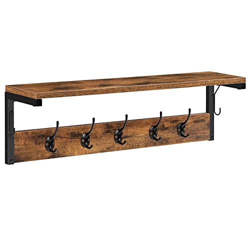 HOOBRO Wandgarderobe, Wandregal mit 7 Haken und Ablage, Hängeregal mit Garderobenleisten, Wandmontage, für Flur, Wohnzimmer, Küche, Dunkelbraun-Schwarz EBF16YM01