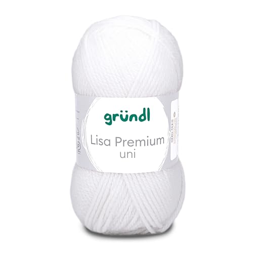 Gründl Lisa Premium Uni Strick- & Häkelgarn (weicher und wollartiger Charakter, pflegeleichtes waschbares Strickgarn aus 100% Polyacryl, 50 g/ 133 m, Nadelstärke: 3,5-4,5, 1 Knäuel á 50 g), Weiß