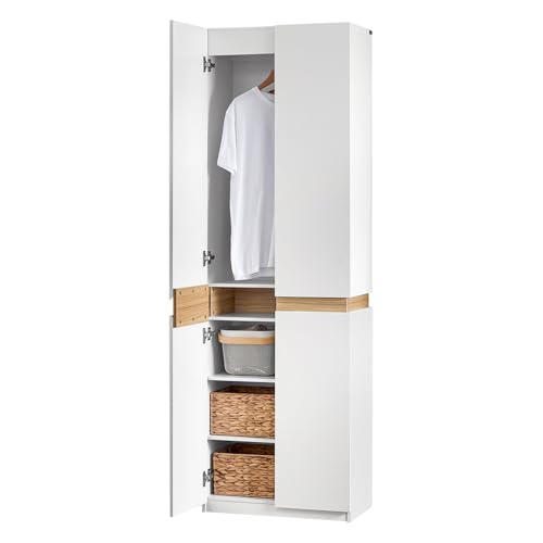 SoBuy Kleiderschrank mit 2 Türen Hochschrank Küchenschrank Aufbewahrungsschrank mit 5 Fächern Mehrzweckschrank für Flur, Schlafzimmer, Abstellraum - Weiß 65kg belastbar 61x192x30cm – KSB01-W