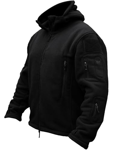 TACVASEN Herren Fleecejacke Military Outdoor Winddichte Jacke mit Kapuze- Gr. L, Schwarz