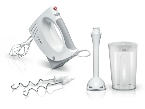 Bosch Handrührer MFQ3540, Handrührgerät, 2 Rührbesen, 2 Edelstahl-Knethaken, spülmaschinengeeignet, 5 Stufen, Pürierstab, Mixbecher, 450 W, weiß