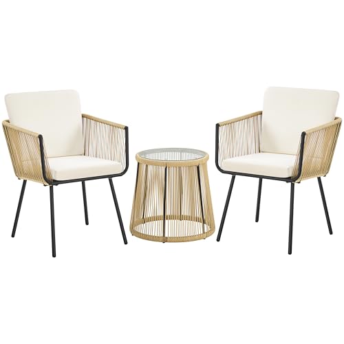 Yaheetech 3TLG. Rattan Balkonset, Gartenmöbel Set inkl. 2 Stühle mit 6cm Dick Sitz- und Rückenkissen & 1 Tisch mit 5mm Dick Hartglasplatte, Gartensitzgruppe für Balkon Outdoor, Hellbraun/Cremeweiß