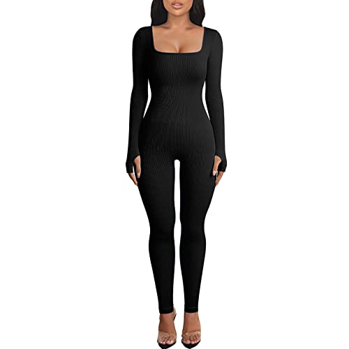 Menore Women's Yoga Jumpsuits Workout Ribbed Long Sleeve Soft Sports jumpsuits Square Neck Figure-Hugging One-Piece