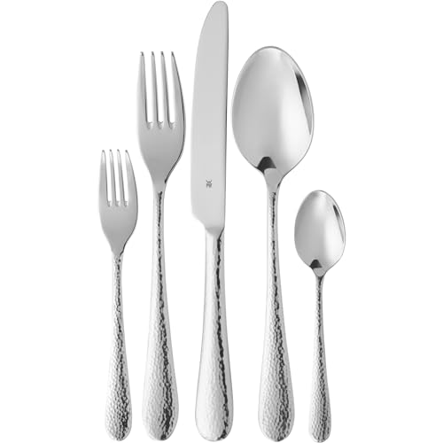 WMF Sitello Besteck Set 12 Personen, Cromargan, Essbesteck Set 60 teilig, Monobloc-Messer, Cromargan Edelstahl poliert, Hammerschlag, ergonomisch, glänzend, spülmaschinengeeignet, silber