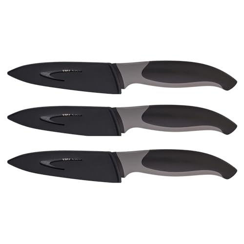 GRÄWE 3er Set Küchenmesser mit Klingenschutz, antibakteriell, Schwarz, Allzweckmesser, Rutschfester Griff, Antihaft-Beschichtung, mit Schutzhülle, Stoffetui, 19,5 cm Gesamtlänge, Spülmaschinengeeignet
