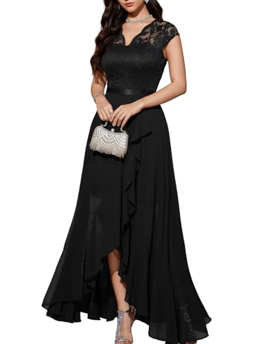 Bbonlinedress Schwarzes Kleid Damen Abendkleid lang Elegant Winter Cocktail Spitze Chiffon Hochzeit Brautkleid Party Ballkleid Black M