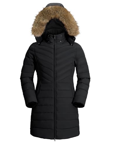 Pioneer Camp Wintermantel Damen Lang Warm Steppmantel Wasserdicht Winterjacke Mantel Damen Winter mit Abnehmbarer Kunstpelzkragen Schwarz M