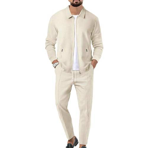 aromm Herren Waffel-Trainingsanzüge Langarm Voll Reißverschluss Jacke & Hose 2-teiliges Set Beige für Lässig Sport Arbeit, XXL