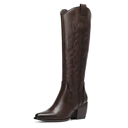 DREAM PAIRS Kniehohe Damen Westernstiefel, bequemer, klobiger Blockabsatz, spitzer Zehenbereich, seitlicher Reißverschluss, Wildleder-Slouch-Reitstiefel,Size 40.5,Braun/Pu,SDKB224W