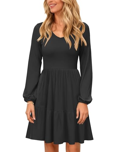PLOKNRD Damen Langarm Kleid V-Ausschnitt Freizeitkleid mit Taschen Elegant Schichten Design Kleider Midi Herbst Winter Schwarz XL