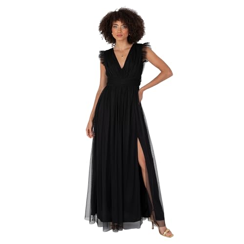 Anaya with Love Women's Maxi Dress Ladies V-Neck Short Sleeve Split Tulle A-line for Wedding Guest Bridesmaid Evening Occasion Ball Gown, Schwarz 42