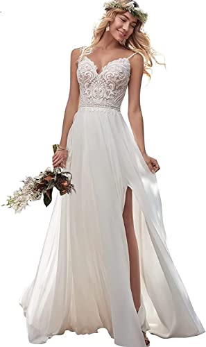 Damen Chffon Spitze Brautkleid Hochzeitskleider A-Linie Boho Standesamtliche Brautmode Brautkleider(Weiß 11,38)